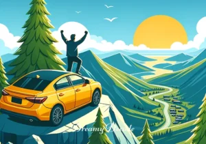 yellow car dream meaning _ Finally, the yellow car reaches a scenic overlook at the peak of the mountain, offering a breathtaking view of the landscape below. The driver steps out, looking fulfilled and triumphant, symbolizing the achievement of dreams and personal growth.