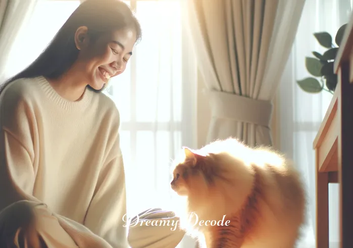 affectionate cat dream meaning _ A person sitting peacefully in a sunny room, smiling gently as a fluffy orange cat begins to approach them, symbolizing the start of a dream sequence where the cat represents affection and warmth.