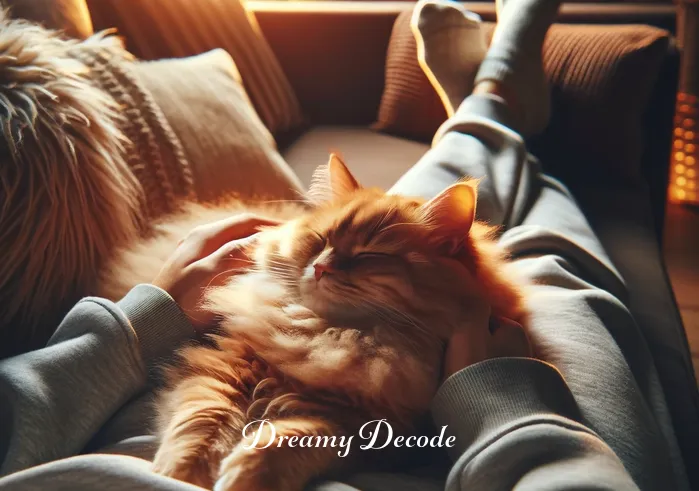 affectionate cat dream meaning _ The same person now lounging on a sofa, with the orange cat comfortably curled up in their lap, purring contentedly. This scene reflects a deepening connection and the soothing nature of the cat