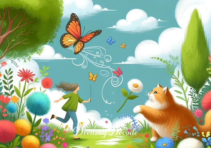 affectionate cat dream meaning _ The scene transitions to a whimsical garden, where the person and the cat playfully interact, chasing after a fluttering butterfly. This part of the dream signifies joy and the carefree nature of the bond between them.