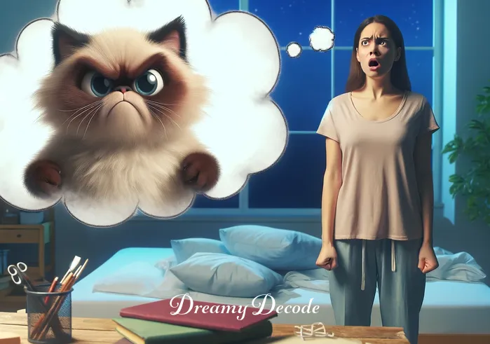 angry cat dream meaning _ A dreamer standing in a peaceful bedroom, looking surprised as a small, cartoon-like angry cat appears in a dream bubble above their head. The cat, with exaggerated frowning eyebrows and puffed-up fur, stands on a cluttered desk, symbolizing chaos or stress.