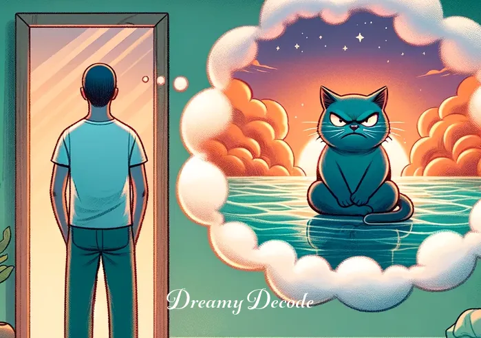 angry cat dream meaning _ The same dreamer now sitting up in bed, wide-eyed, with the dream bubble showing the angry cat hissing at a hovering clock. The clock