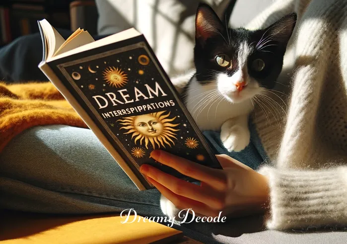 bitten by a cat dream meaning _ A person sitting comfortably in a sunlit room, flipping through a book titled "Dream Interpretations." A curious black and white cat is peering over the edge of a nearby table, its tail playfully flicking.