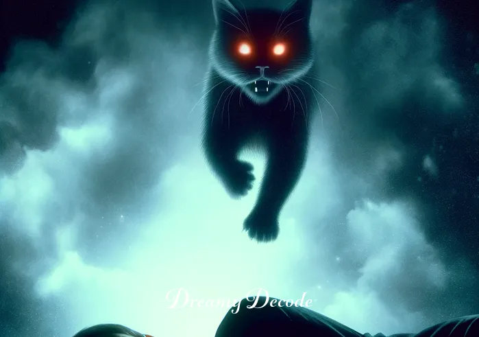 bitten by a cat dream meaning _ The dream intensifies with the shadowy cat leaping towards the dreamer, its eyes glowing and teeth slightly bared. This represents a moment of fear or anxiety in the dream, yet the scene maintains a non-threatening, almost mystical atmosphere.
