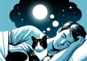 bitten by a cat dream meaning _ The final scene shows the dreamer waking up, a look of contemplation on their face. The same black and white cat from earlier is now gently resting on their lap, symbolizing comfort and the reconciliation of dream anxieties with reality.
