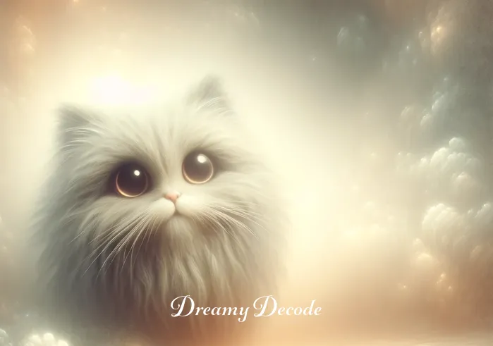 cat attacking you dream meaning _ The dream scene shifts to a whimsical, surreal landscape, bathed in soft, ethereal light. In the center, a large, fluffy cat with exaggerated features appears, symbolizing the presence of a feline entity in the dream. The cat