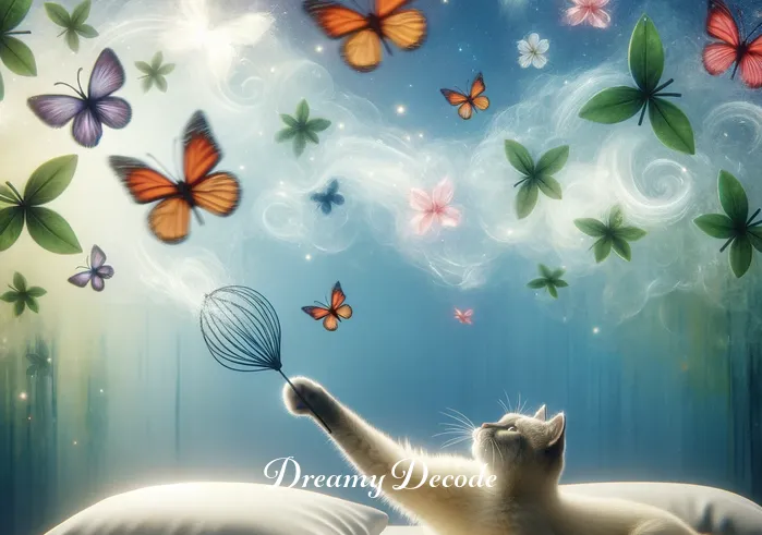 cat attacking you dream meaning _ The dream intensifies as the cat playfully swats at floating symbols around the dreamer, like butterflies or leaves, in a non-threatening manner. This illustrates the cat