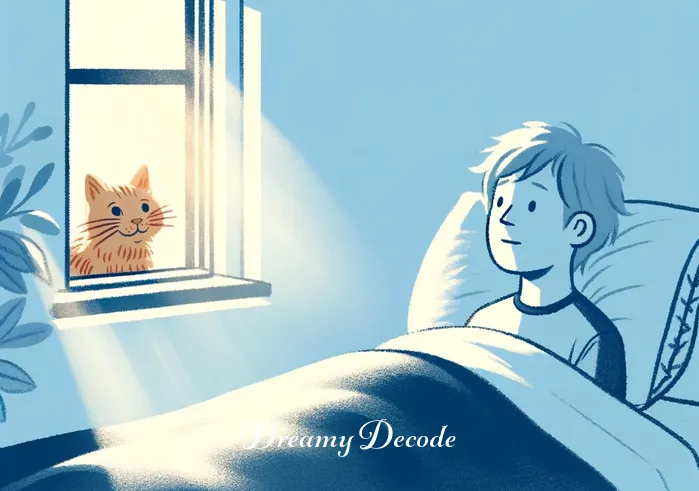 cat attacking you dream meaning _ The final scene depicts the dreamer waking up in their bed, looking slightly puzzled but unharmed. The morning light filters through the window, symbolizing a new beginning and the end of the dream. A small, friendly cat is now peacefully sleeping at the foot of the bed, contrasting the dream's earlier intensity.