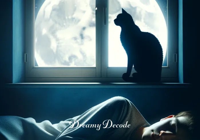 cat biting dream meaning _ A person peacefully sleeping in a softly lit room, with a shadowy figure of a cat perched on the window sill, casting a curious silhouette against the moonlit backdrop.