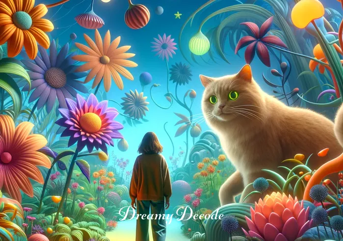 cat biting dream meaning _ A dream sequence where the same person is standing in a vibrant, whimsical garden, surrounded by oversized plants and flowers, with a friendly, oversized cat approaching them with a playful demeanor.