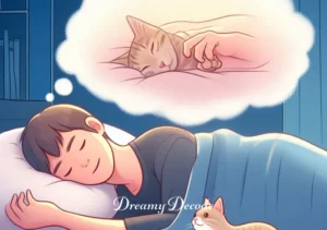 cat biting dream meaning _ The final scene shows the person waking up from the dream, with a look of contemplation and enlightenment, holding their hand as if recalling the cat's gentle bite, while a real, small cat peacefully sleeps at the foot of the bed.