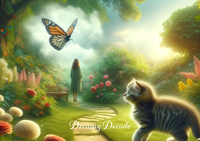 cat dream meaning _ A dreamer stands in a tranquil garden, surrounded by lush greenery and colorful flowers, gazing curiously at a small, playful kitten that has just appeared. The kitten, with its soft, striped fur, playfully chases a fluttering butterfly, symbolizing innocence and new beginnings in the context of the dream.