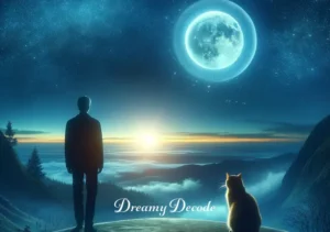 cat dream meaning _ In the final scene, the dreamer and the cat reach the peak of a hill, overlooking a serene landscape bathed in the light of a full moon. The cat sits beside the dreamer, gazing into the horizon, embodying a sense of fulfillment and understanding, culminating the dream's journey of personal growth and enlightenment.