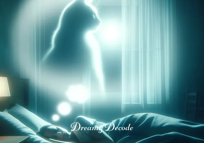 cat dying dream meaning islam _ A person peacefully sleeping in a dimly lit room, with a soft, ethereal glow surrounding a faint image of a cat, symbolizing a dream about a cat.
