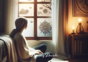 cat dying dream meaning islam _ A tranquil scene depicting the dreamer awake, sitting by a window with a book about dream interpretation in Islam, reflecting on the dream's significance and finding solace in understanding its spiritual meaning.