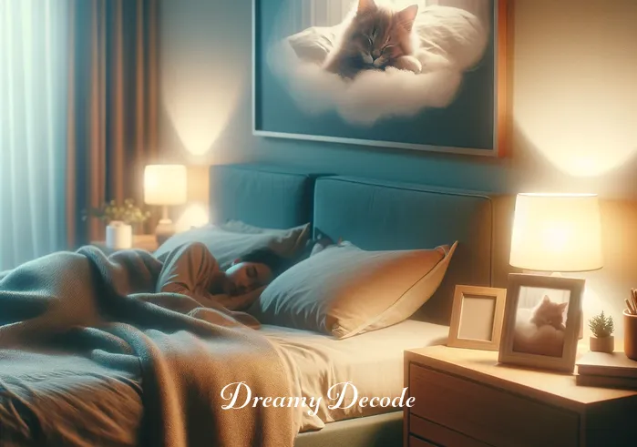 cat dying in dream meaning _ A peaceful bedroom with soft lighting, where a person is seen sleeping comfortably under a cozy blanket. On a nightstand beside the bed, there