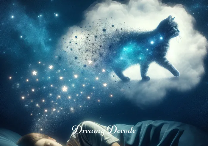 cat dying in dream meaning _ The dream cloud transforms to show the cat slowly fading away, surrounded by twinkling stars and a serene night sky background, symbolizing the cat