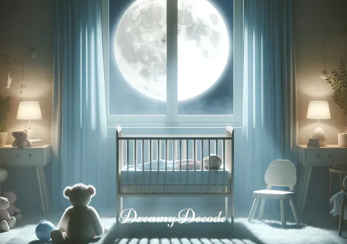 baby boy dream meaning _ A peaceful, serene bedroom with soft moonlight streaming through the window. In the center, a crib with a sleeping baby boy, symbolizing new beginnings and innocence in dreams. The room is adorned with gentle colors and plush toys, creating a calm and nurturing atmosphere.