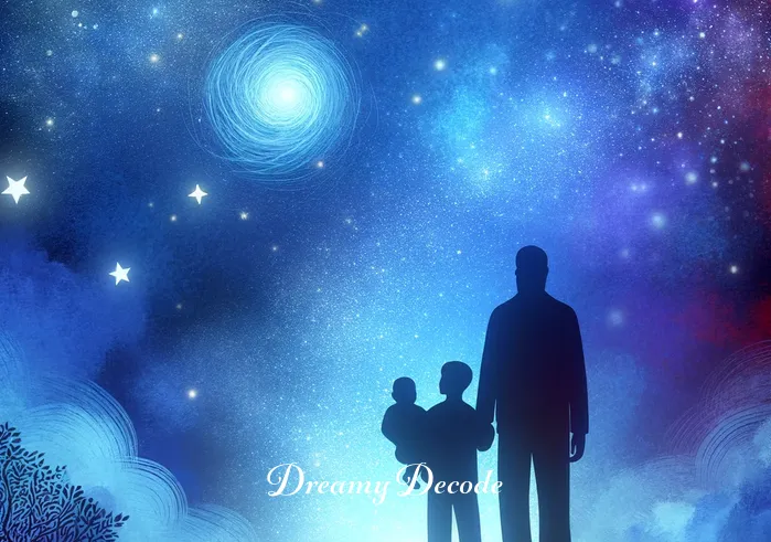 baby boy dream meaning _ A dreamer, depicted as a shadowy figure, stands before a vast, starry night sky, holding a baby boy. The scene signifies the dreamer