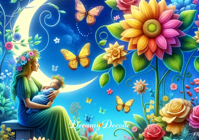 baby boy dream meaning _ A vibrant scene of a garden in full bloom, with the dreamer and the baby boy surrounded by an array of colorful flowers and butterflies. This image represents the joy and potential for growth and renewal associated with dreaming of a baby boy.