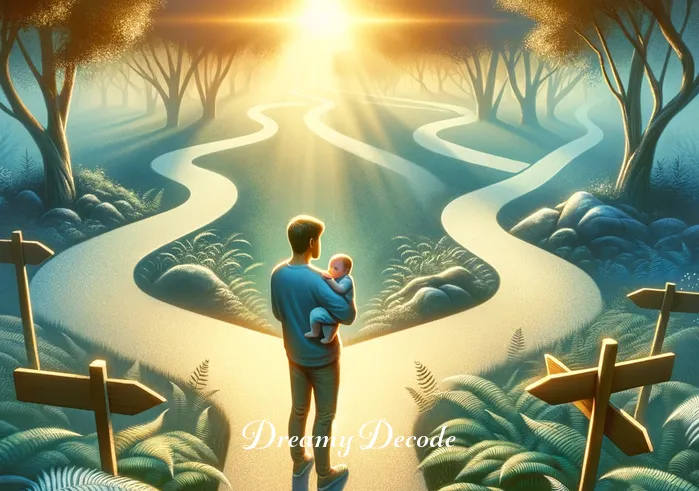 baby boy dream meaning _ A depiction of the dreamer at a crossroads in a sunlit forest, cradling the baby boy in their arms. Paths lead in different directions, symbolizing the choices and responsibilities that come with dreaming about a new life or a baby boy.