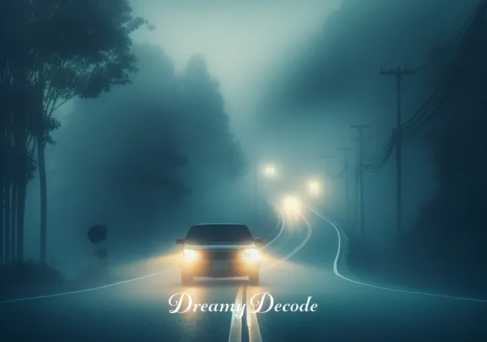 meaning of car accident dream _ A car gently veering off its path on an empty road, surrounded by a misty aura. The scene conveys a sense of uncertainty and mild anxiety, as the car