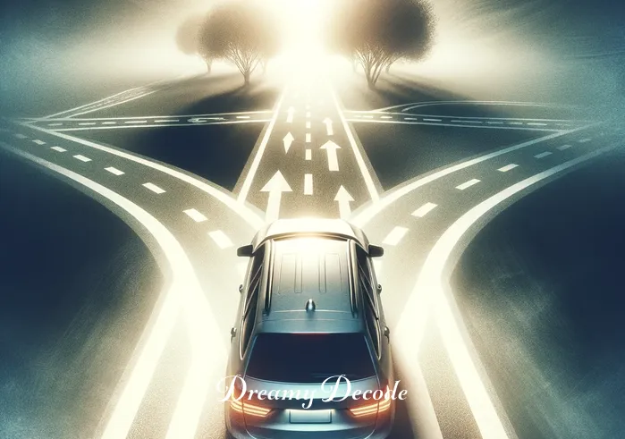 meaning of car accident dream _ The car halted at a crossroads, with multiple paths diverging in different directions. A soft, ethereal light envelops the scene, representing a moment of decision-making and introspection in the dream.