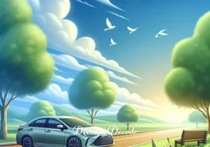 meaning of car accident dream _ A serene resolution, where the car is seen parked near a beautiful, lush green park under a clear, blue sky. Birds are flying in the distance, symbolizing freedom and a sense of relief after overcoming challenges.