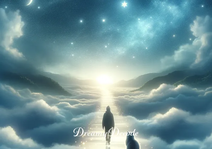 cat following me in dream meaning _ The scene shifts to a dreamy, starlit sky where the person and the cat walk side by side on a glowing, misty path that floats above a serene landscape, symbolizing deeper connection and exploration in the dream world.