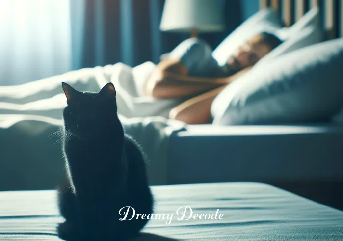 cat in a dream meaning _ A black cat sitting serenely at the foot of a bed, where a person is sleeping peacefully, suggesting the beginning of a dream sequence.