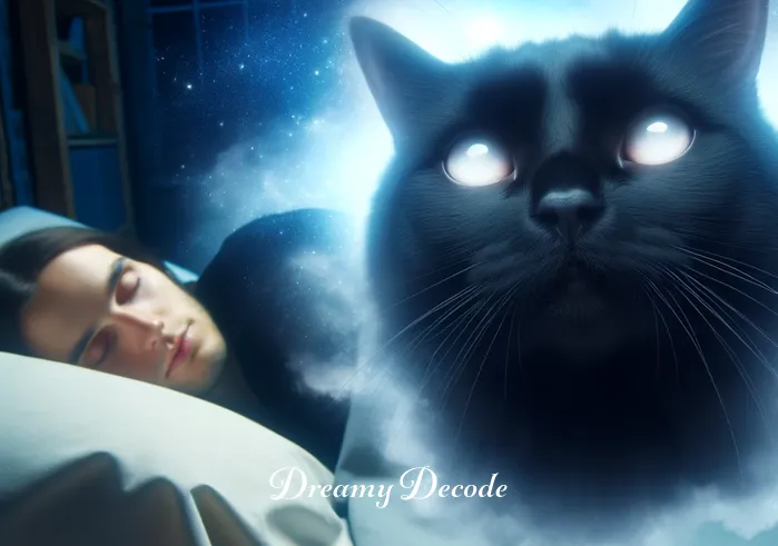 cat in a dream meaning _ The same cat now appears slightly larger beside the sleeping person, with its eyes glowing softly, indicating an otherworldly presence in the dream.