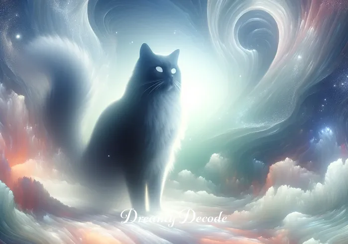 cat in a dream meaning _ The cat, now oversized and almost ethereal, stands in a dreamy, abstract landscape, symbolizing the dream reaching its full narrative potential.