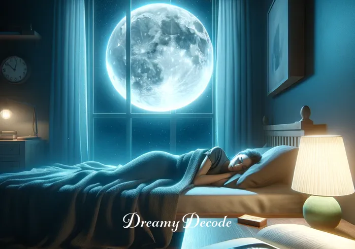 cat in dream meaning _ A serene bedroom at night with a large, glowing full moon visible through the window. A person is sleeping peacefully under a cozy blanket. On the nightstand, a book about dream interpretation is open, with a bookmark showing a picture of a cat. The room is bathed in a soft, moonlit glow, creating a tranquil and dreamy atmosphere.