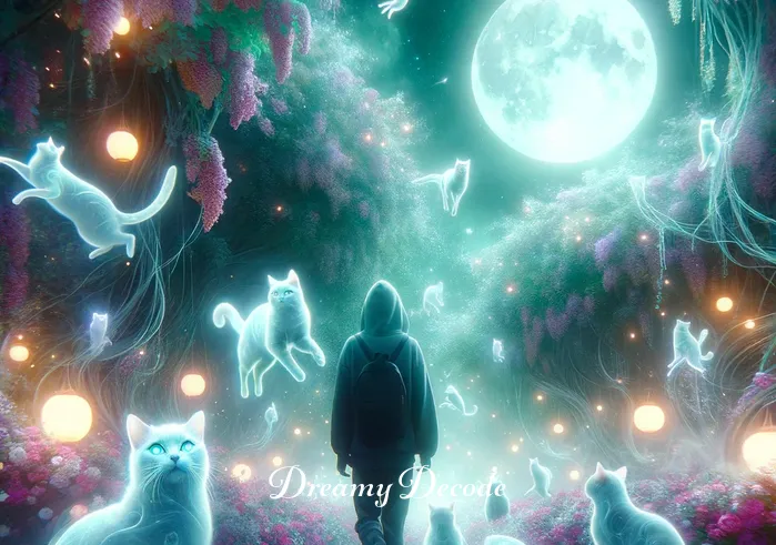 cat in dream meaning _ A dream sequence where the same person is walking in a lush, moonlit garden. Ethereal, translucent cats of various colors playfully dart around the person