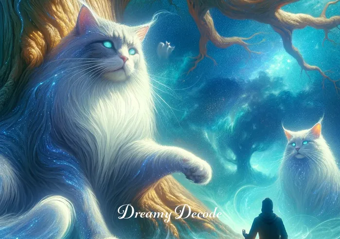 cat in dream meaning _ The dream shifts to a scene where the person is now sitting under a large, ancient tree, surrounded by the ethereal cats. One of the cats, a majestic, larger-than-life figure with shimmering fur, approaches and sits beside the person, exuding an aura of wisdom and tranquility.