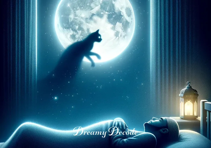 cat in dream meaning islam _ A serene night setting with a full moon, where a person is peacefully sleeping in their bed. A shadowy figure of a cat is visible in the moonlight, appearing to enter the dream world of the sleeper.