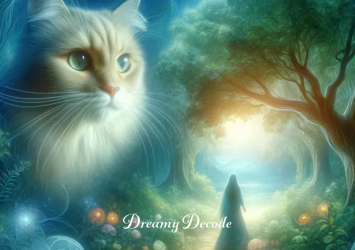 cat in dream meaning islam _ The dream scene transitions to an ethereal, softly lit realm with the same cat now vividly present. The cat, with a gentle and wise expression, is leading the dreaming person through a lush garden, symbolizing guidance and tranquility in Islamic dream interpretation.