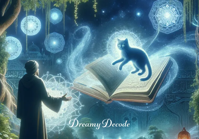 cat in dream meaning islam _ The dreamer and the cat reach a clearing in the garden where ancient Islamic texts are floating in a mystical glow. The cat gestures towards the texts, symbolizing the unveiling of knowledge and spiritual insight in the dream.
