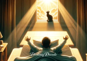 cat in dream meaning islam _ The final scene shows the dreamer waking up in their bed, with the first light of dawn streaming through the window. A feeling of peace and enlightenment is evident on their face, indicating a meaningful and positive interpretation of the dream with the cat in Islamic belief.