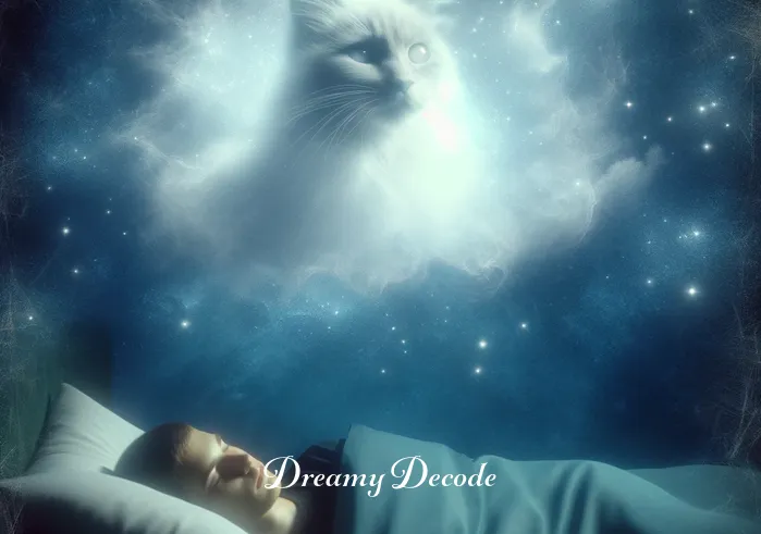 cat in dream spiritual meaning _ A serene, dream-like scene where a person is peacefully sleeping in their bed with a faint, ethereal image of a cat appearing in a cloud of mist above their head. The cat