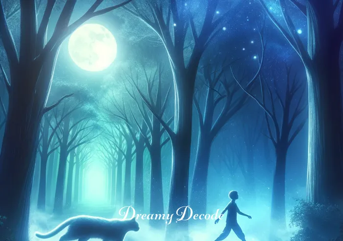 cat in dream spiritual meaning _ The dream progresses with the ethereal cat leading the sleeping person through a lush, mystical forest bathed in moonlight. The person follows the cat with a look of awe and curiosity, symbolizing a deeper exploration of their subconscious and spiritual insights.