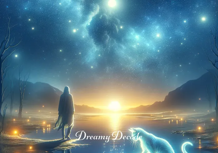 cat in dream spiritual meaning _ In the third stage, the person and the cat reach a clear, tranquil pond under the starry sky. The cat touches the water with its paw, causing ripples that glow with a soft light. This symbolizes the revelation of hidden truths and inner clarity in the dream.