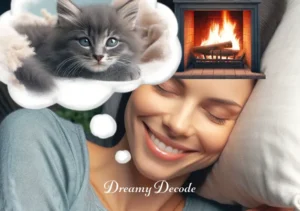 cat in my dream meaning _ In the final dream phase, the person is smiling gently in their sleep, with the dream bubble depicting the gray cat curled up cozily by a fireplace, embodying comfort and warmth in the subconscious.