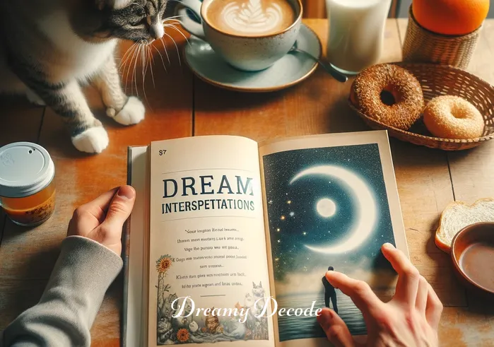 cat poop dream meaning _ The same person sitting at a breakfast table with a cup of coffee, browsing through a book titled "Dream Interpretations." The cat is playfully sitting on the table, pawing at the pages.