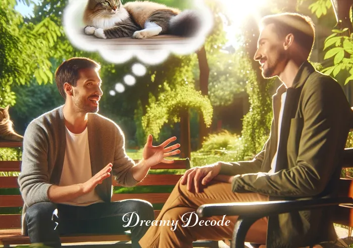cat poop dream meaning _ The individual, now with a look of realization, discussing their dream with a friend in a sunny park. They are animatedly describing the dream, while the cat lounges nearby on a park bench.