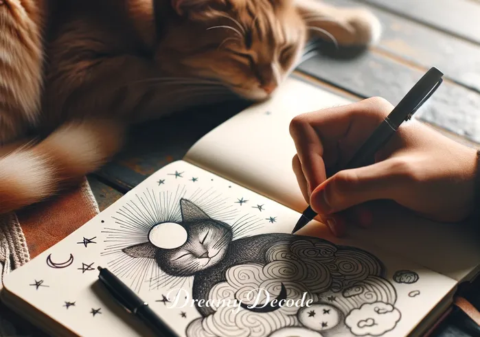 cat poop dream meaning _ The person writing in a journal, reflecting on the dream's meaning. The journal's page is visible, with a drawing of a cat and symbols associated with dreaming. The cat is napping beside them, adding a serene atmosphere to the scene.