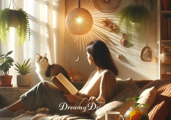 cat scratch dream meaning _ A person sitting peacefully in a sunlit room, reading a book about dream interpretation, with a curious cat playfully peeking from behind the couch. The room is cozy, filled with plants and soft lighting, creating a tranquil atmosphere.