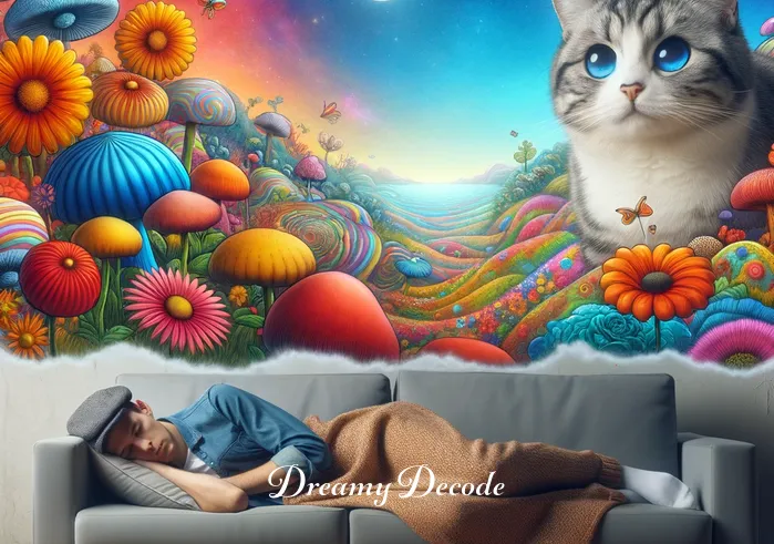 cat scratch dream meaning _ The same person now asleep on the couch, dreaming. In the dream, they are standing in a vibrant, surreal landscape with oversized flowers and a vividly colored sky. The curious cat from earlier appears in the dream, larger than life, with a whimsical, friendly expression.