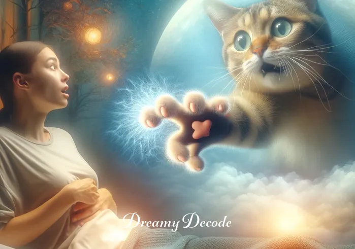 cat scratch dream meaning _ The dream scene shifts to show the person looking surprised as the cat playfully reaches out with a paw, gently scratching their hand. The scratch seems more symbolic than painful, surrounded by a soft glow in the dream world, signifying a moment of insight or revelation.