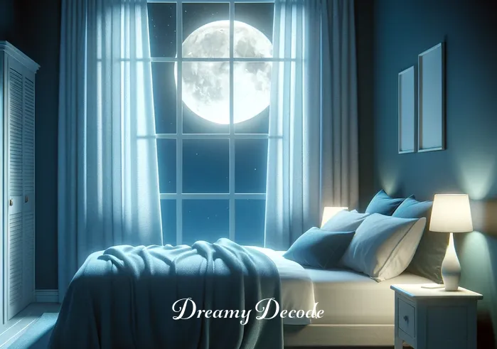 dead cat dream meaning auntyflo _ A serene bedroom at night, with a full moon visible through the window casting a gentle glow. The room is adorned with peaceful, calming colors and a plush bed, symbolizing a person preparing for sleep and the onset of dreams.